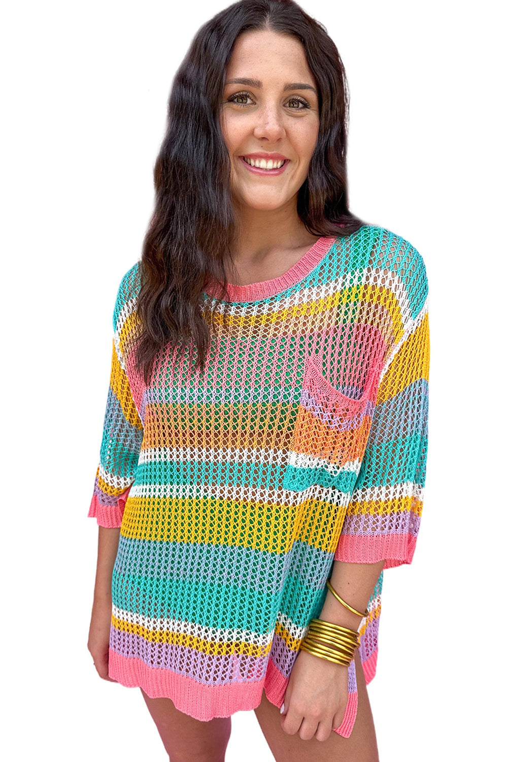 Pink Striped Color Block Hollow Crochet 3/4 Sleeve T Shirt