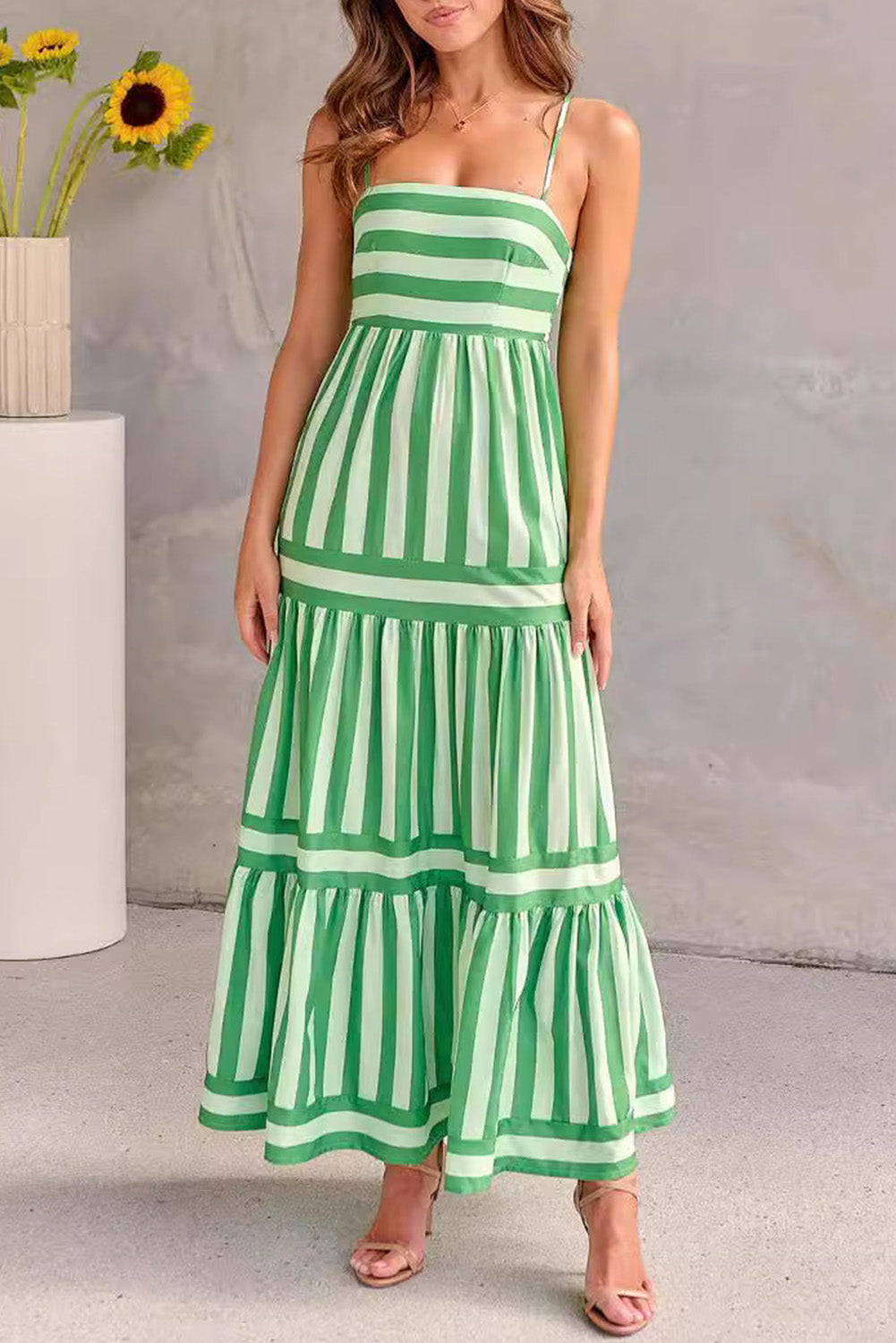 Pink Stripe Print Shirred Backless Pocket Maxi Dress