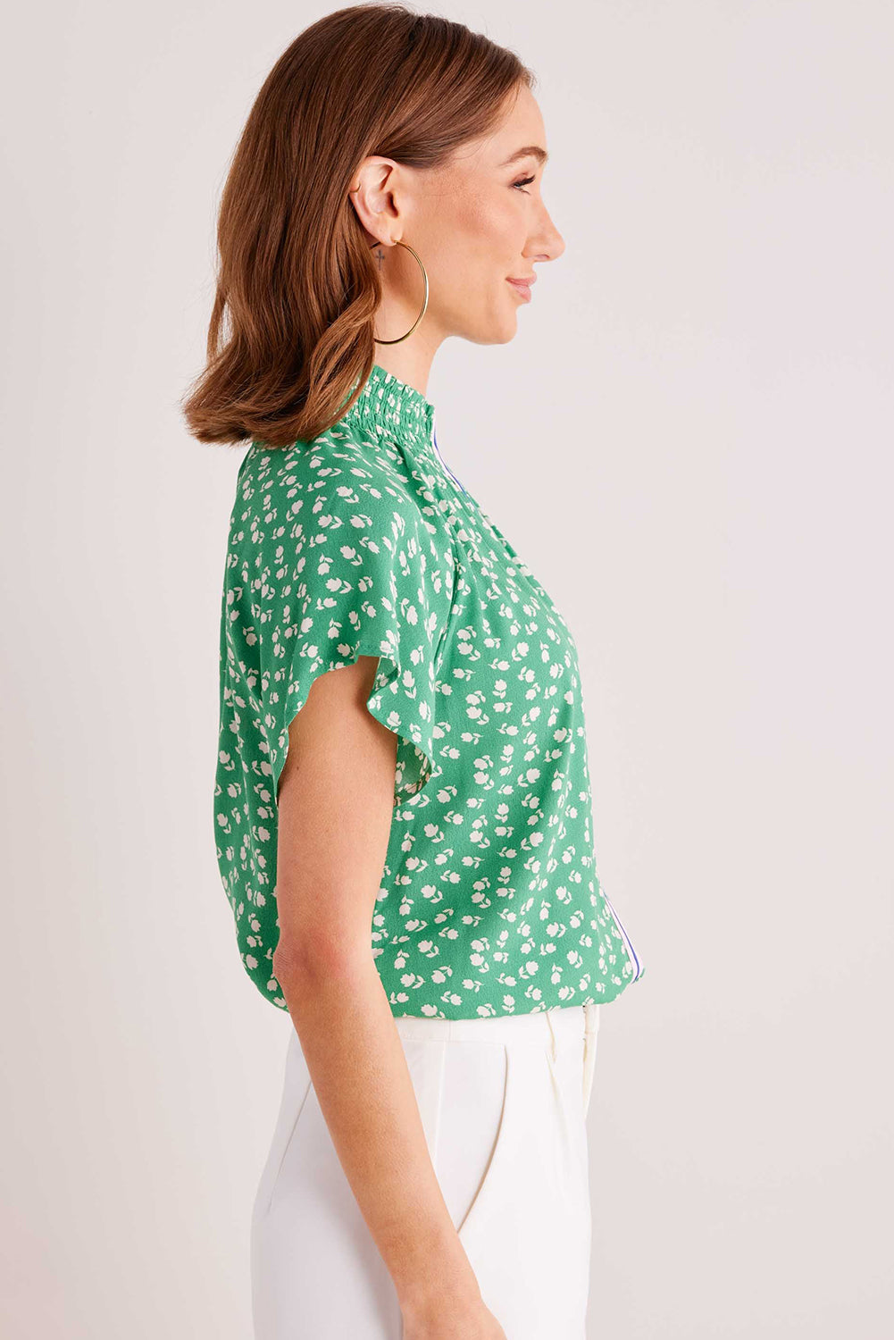 Green Floral Print Stand Neck Short Sleeve Blouse