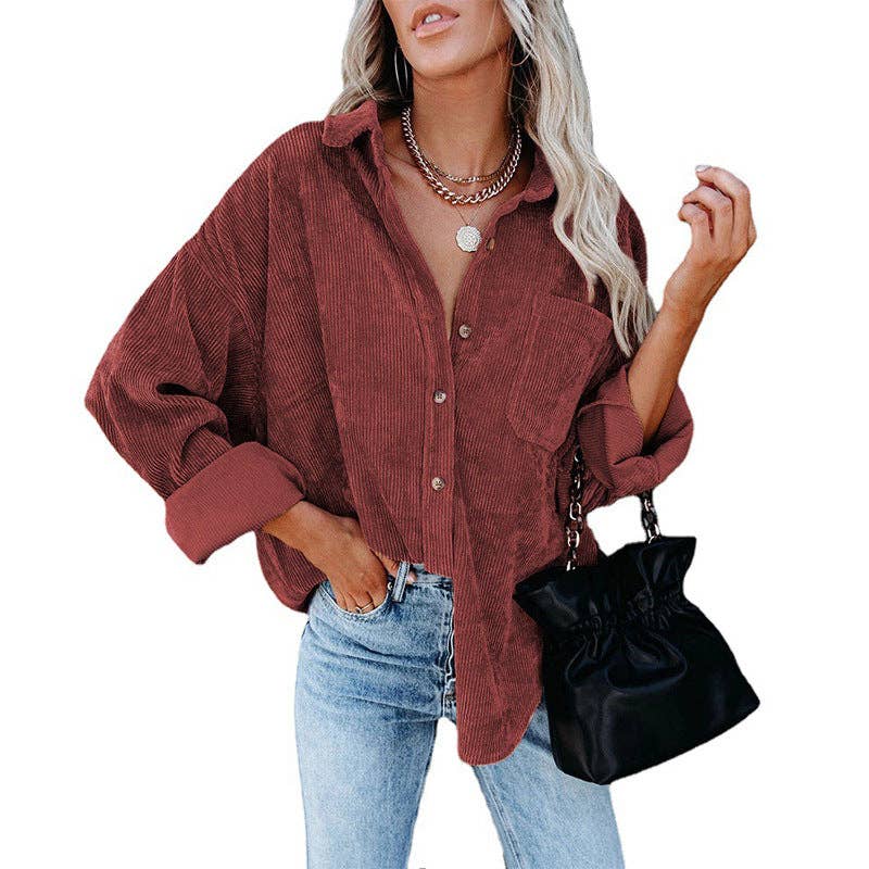 Oversized Corduroy Button-Up Shirt with Chest Pocket