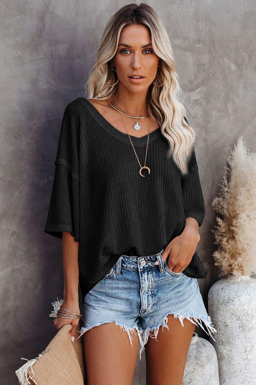 White Waffle Knit Casual Drop Shoulder Loose Top