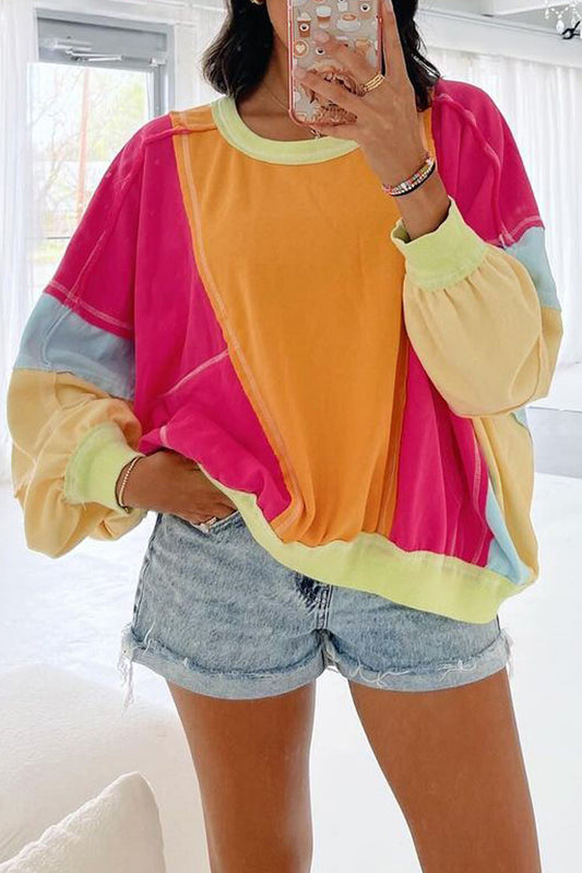 Rose Red Plus Size Colorblock Patchwork Exposed Seam Sweatshirt