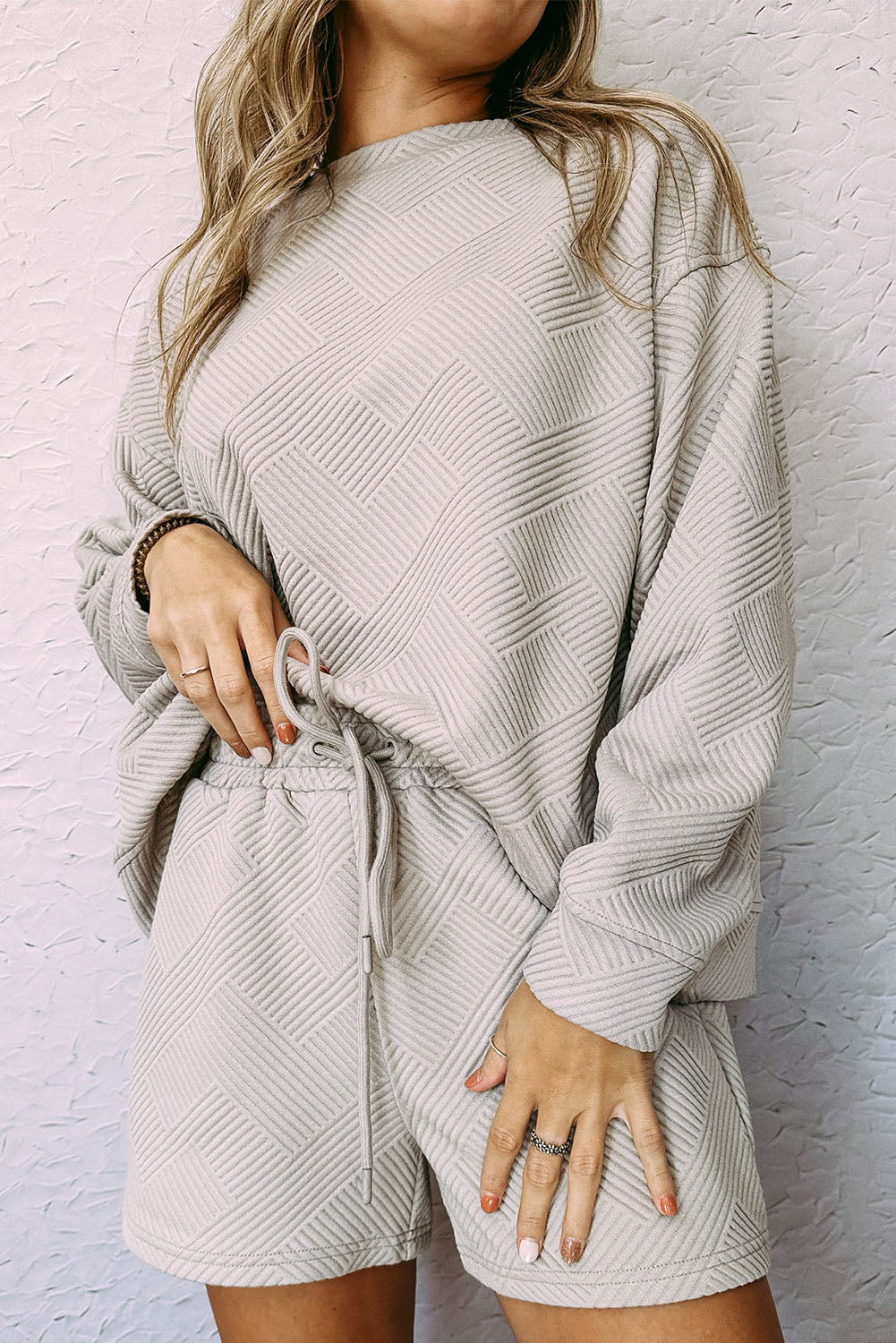 Gray Textured Long Sleeve Top & Drawstring Shorts Set