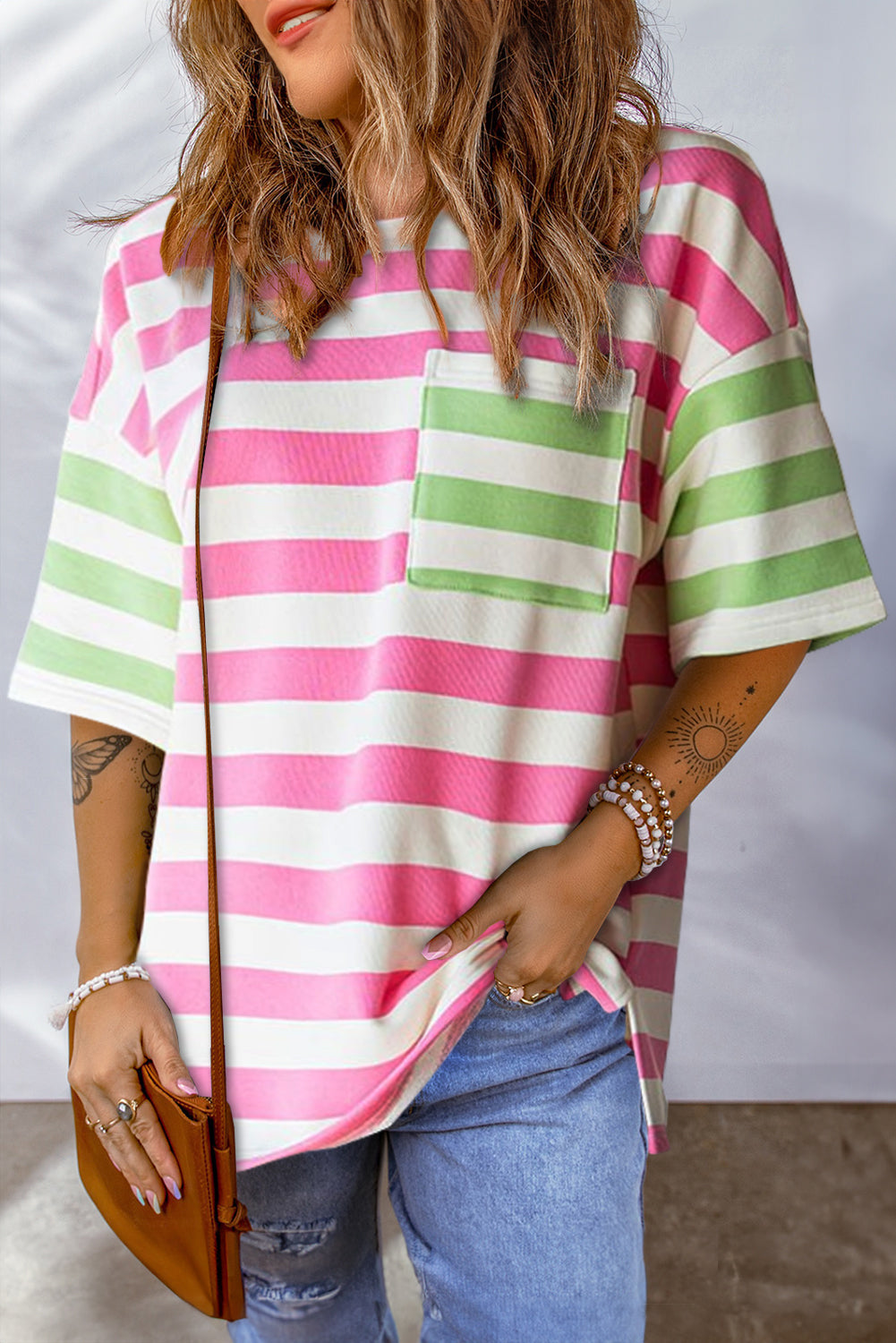 Orange Stripe Patch Pocket Drop Sleeve Slits T Shirt