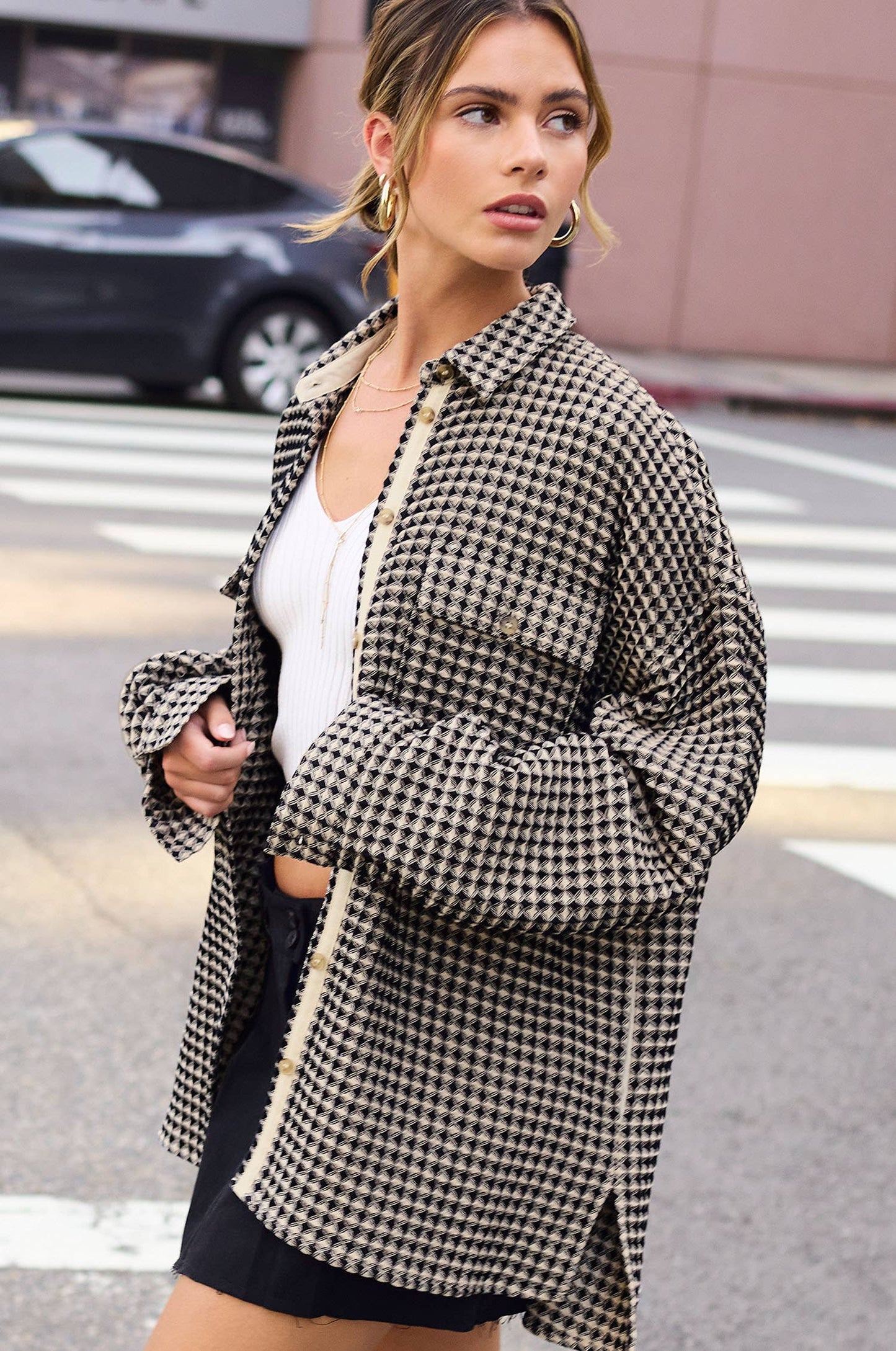 Unique Waffle Textured Oversized Button Down Shacket