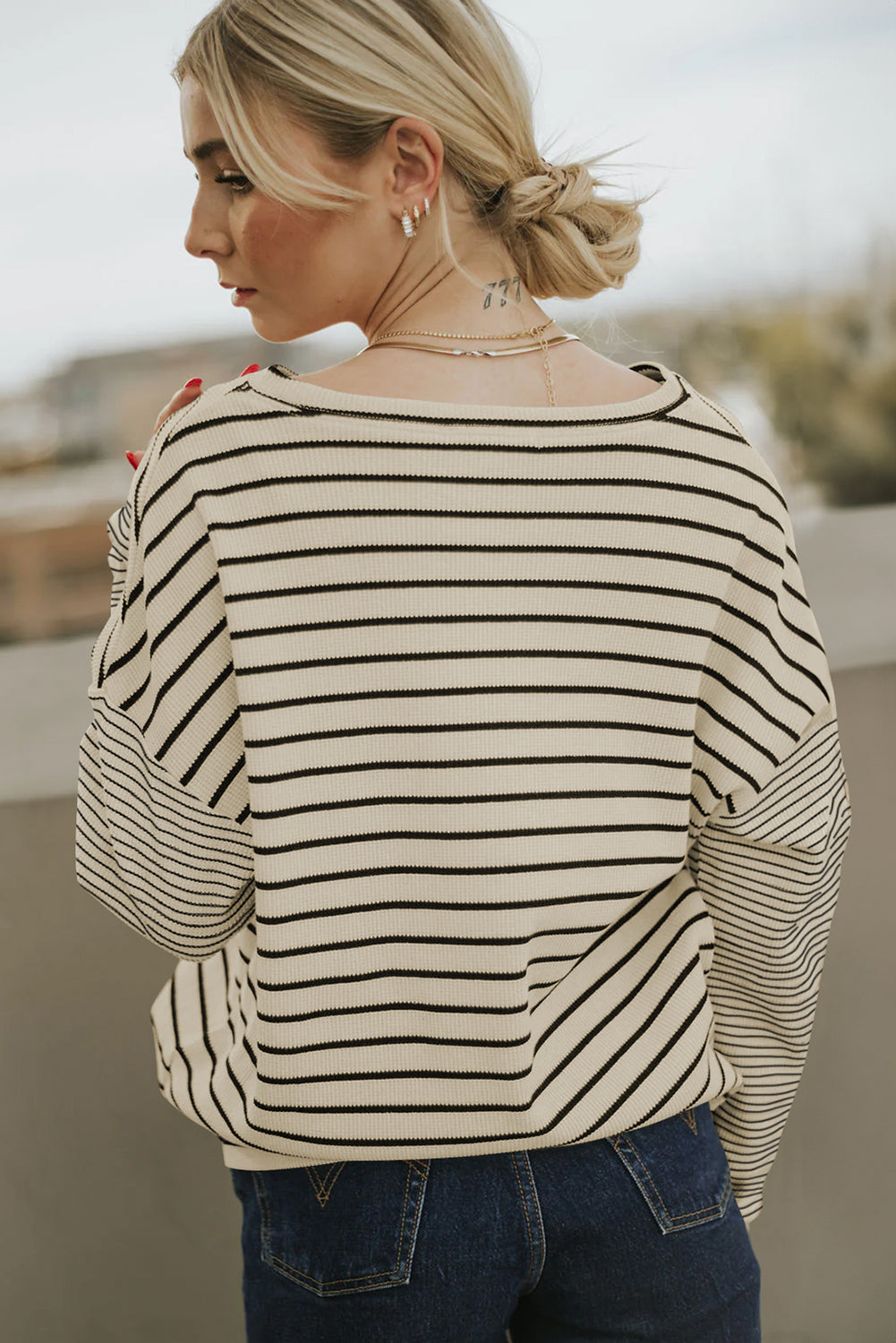 Black Striped Patchwork Drop Sleeve Top