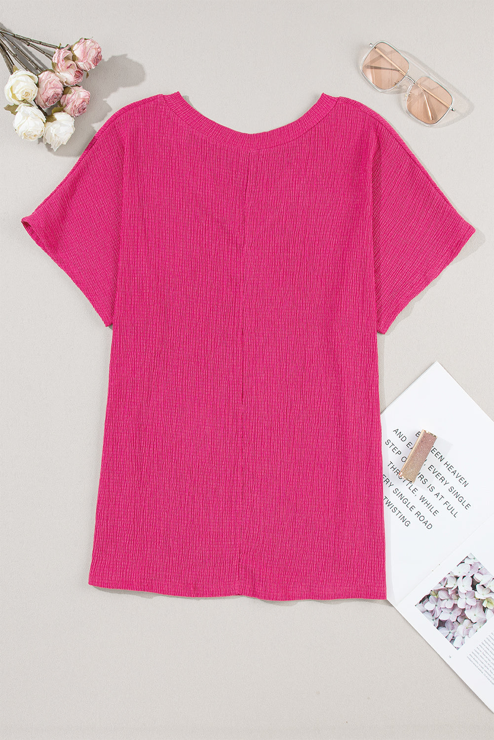 Bright Pink Basic Plain Textured V Neck Blouse