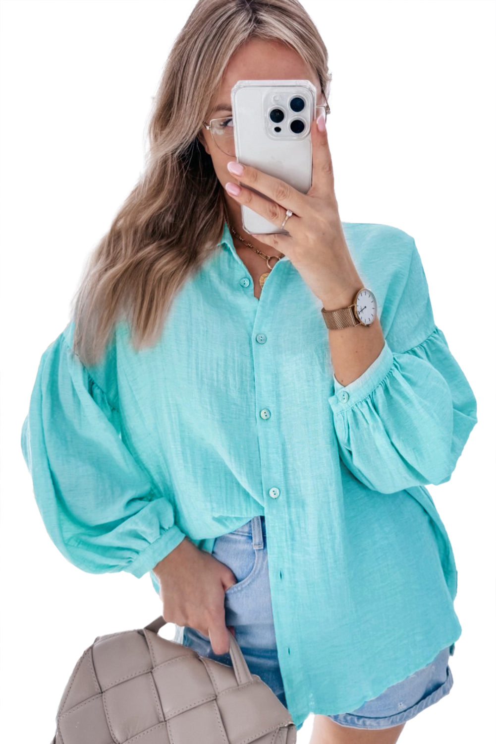 Iceland Blue Solid Puff Sleeve Loose Fit Buttoned Shirt