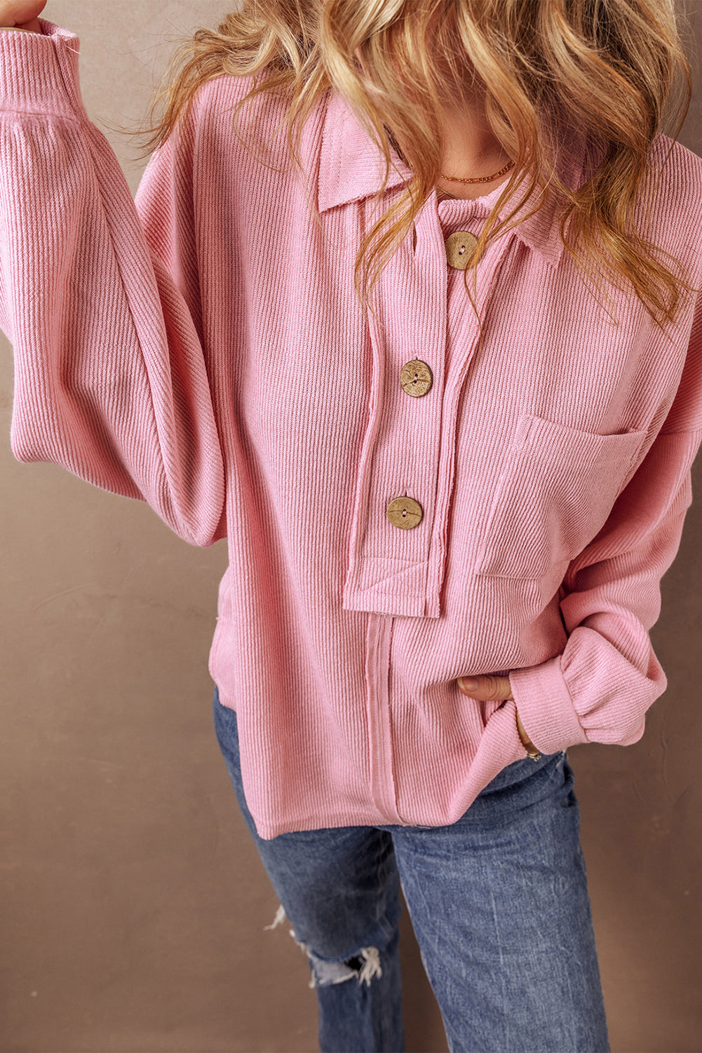 Pink Chest Pocket Ribbed Collared Henley Top