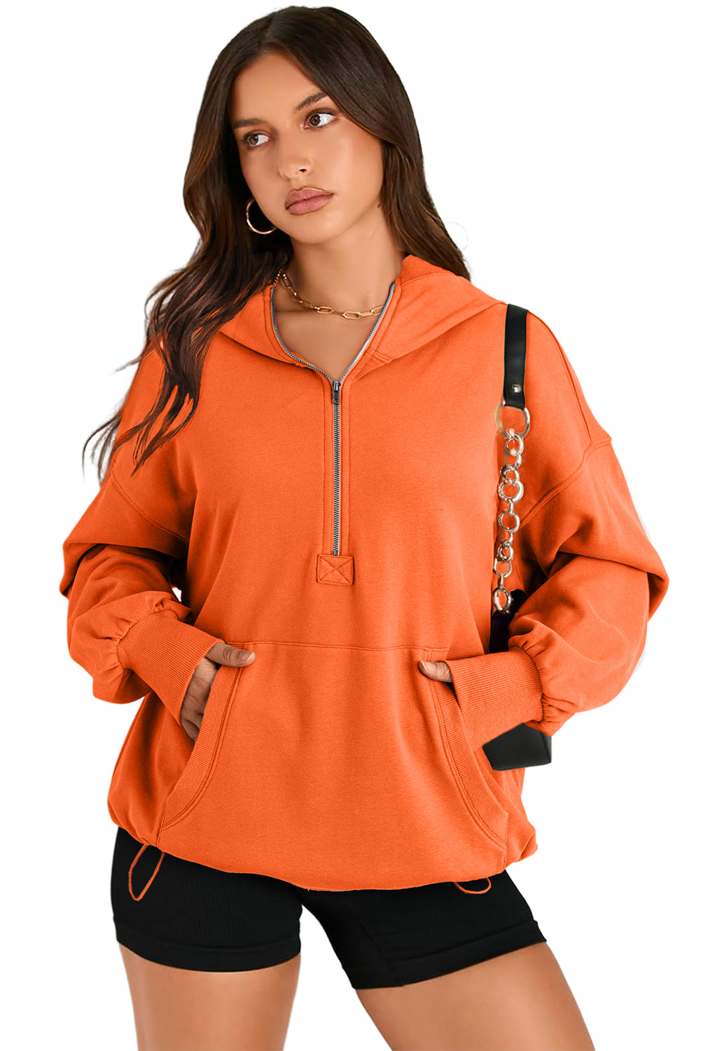 Parchment Kangaroo Pocket Half Zipper Oversized Hoodie