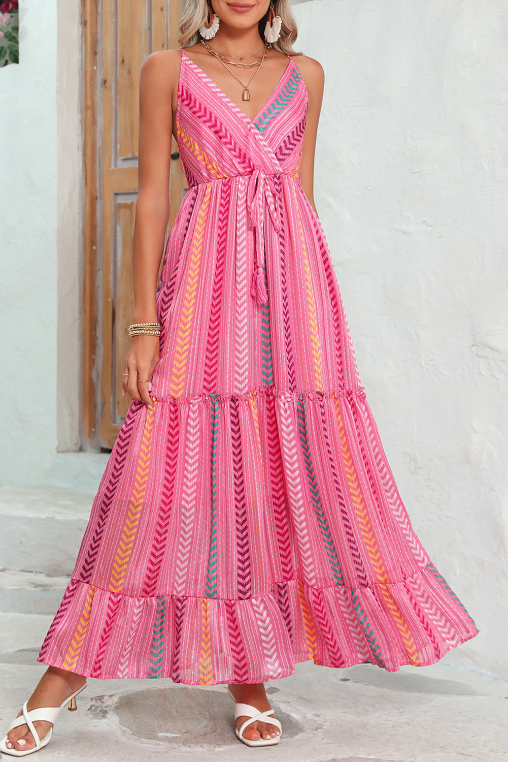 Wholesale Pink Boho Tassel Tie V Neck Wrapped Maxi Dress