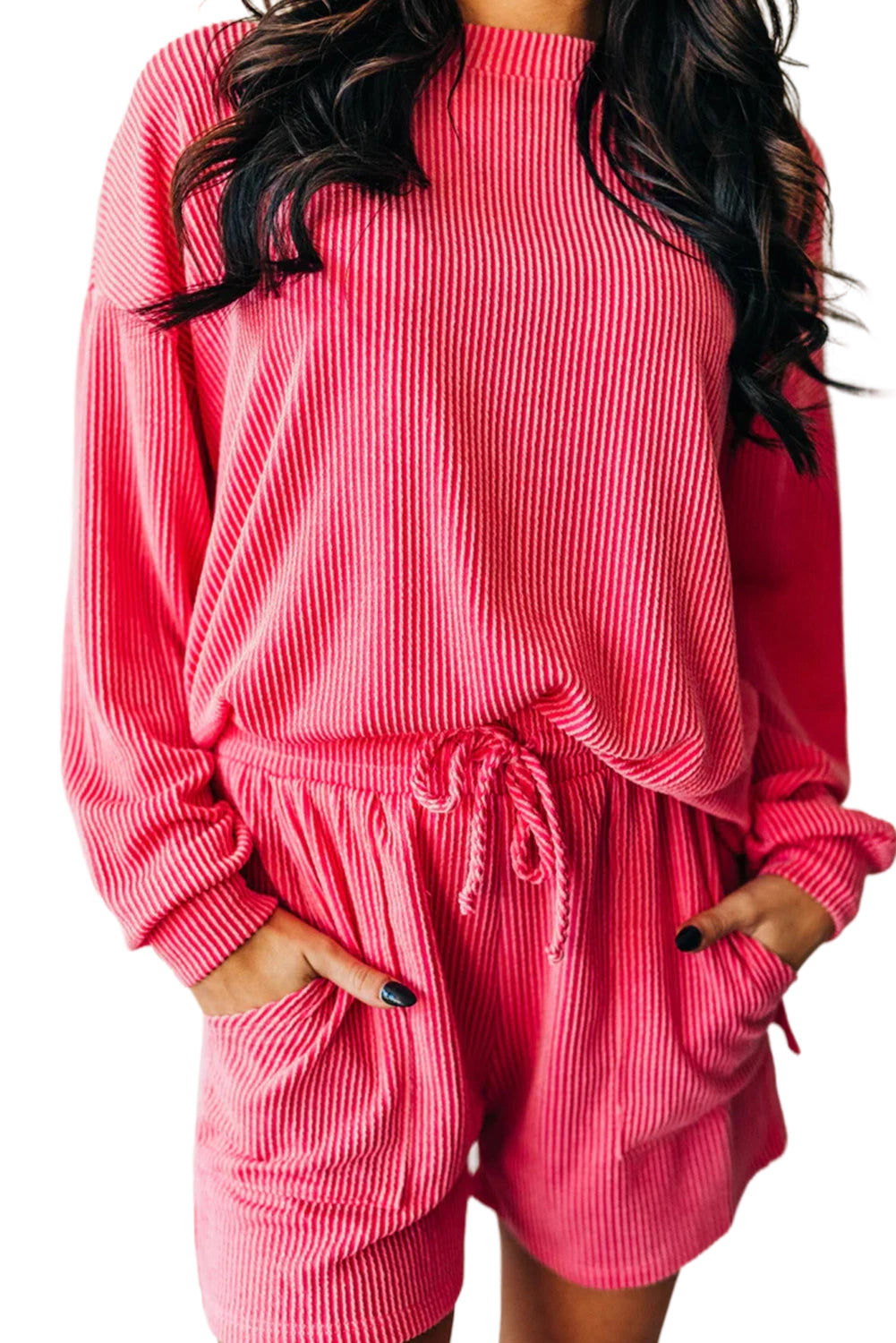 Strawberry Pink Ribbed Plain Drawstring Shorts Set