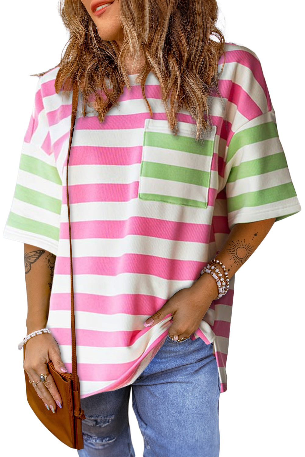 Orange Stripe Patch Pocket Drop Sleeve Slits T Shirt