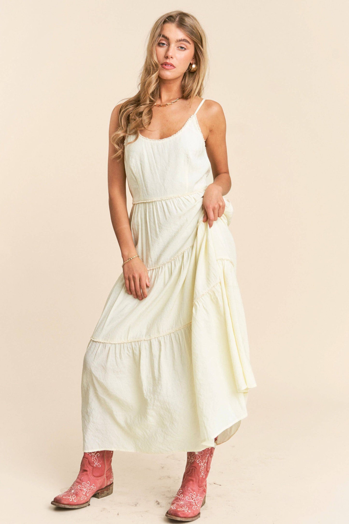 U Neck Line Tiered Spaghetti Maxi Dress