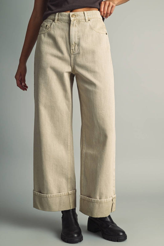 WIDE CUFFED DENIM PANTS WITH A VINTAGE WASHED