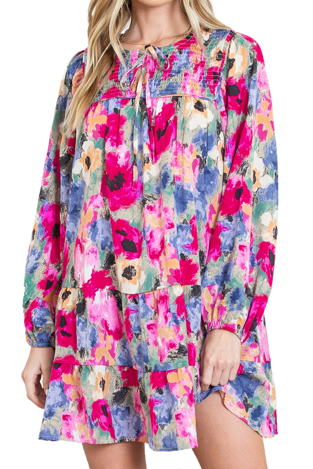 Multicolor Boho Floral Print Tie Neck Smocked Dress