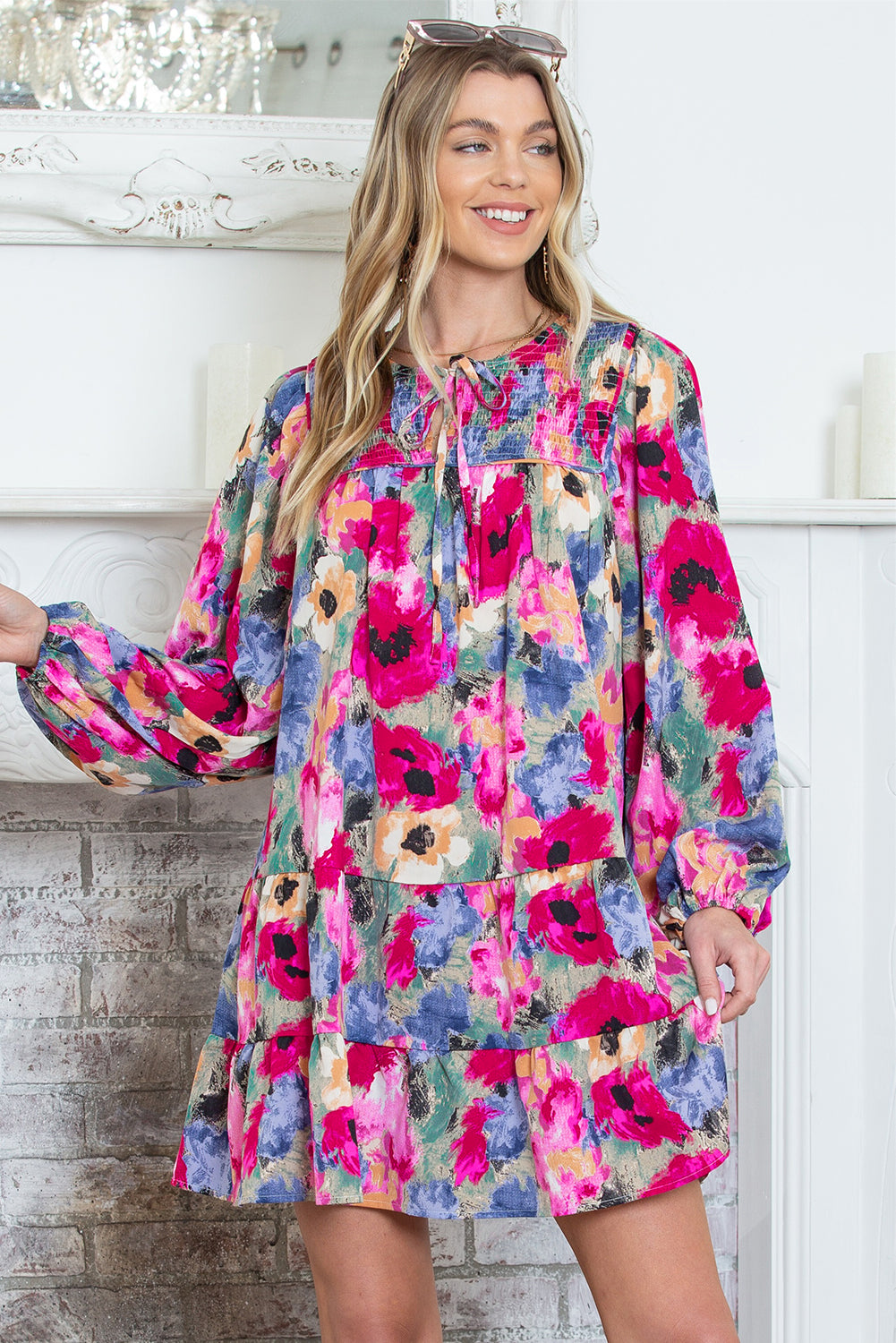 Multicolor Boho Floral Print Tie Neck Smocked Dress