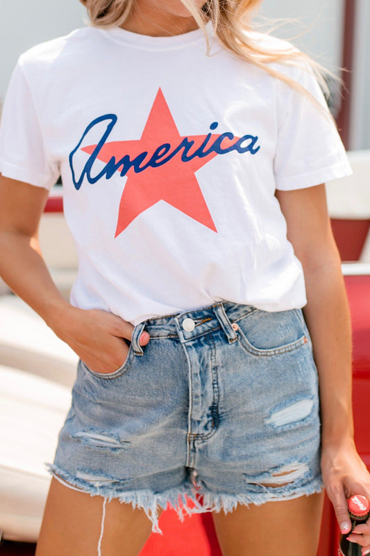 White America Star Shape Graphic O Neck Loose Fit T Shirt