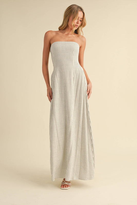 STRIPED LONG BACK TIE STRAPLESS MAXI DRESS