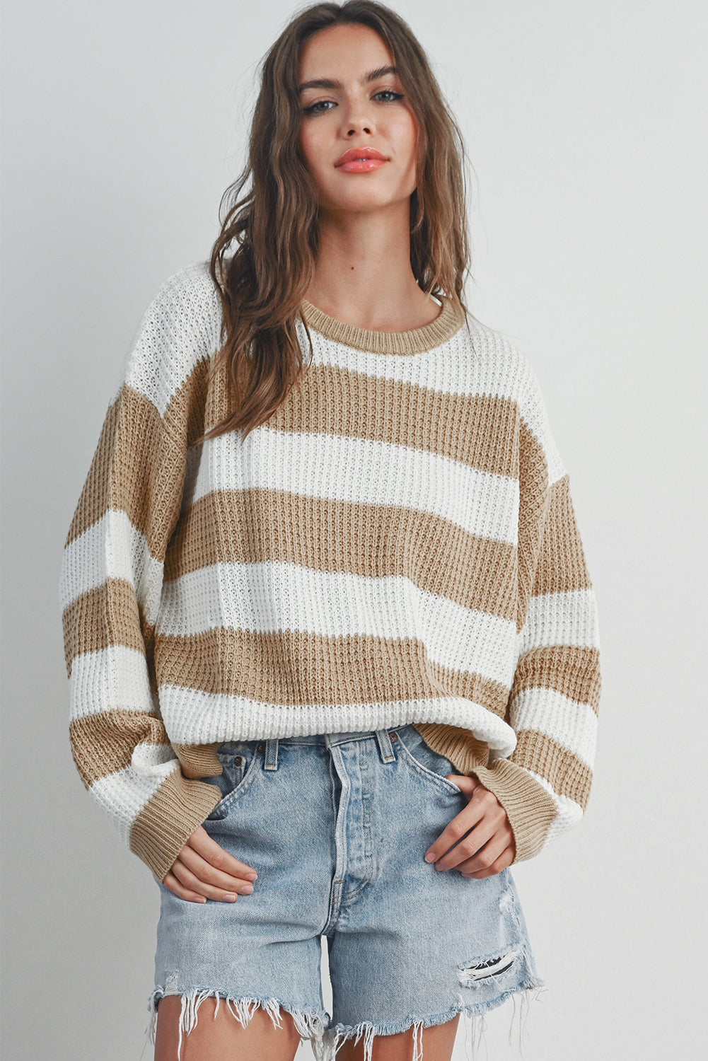 Light French Beige Striped Drop Shoulder Side Slit Sweater