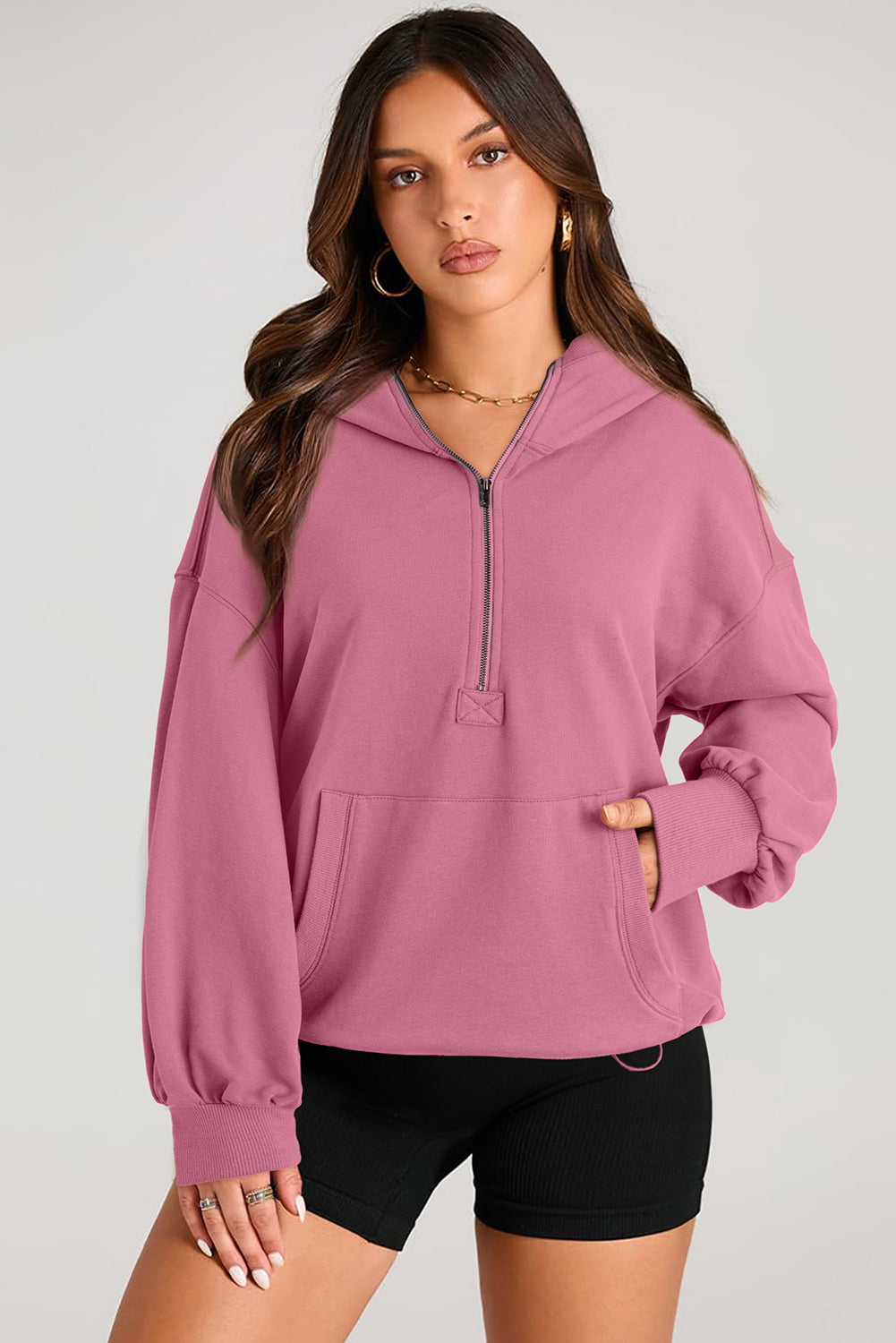 Parchment Kangaroo Pocket Half Zipper Oversized Hoodie