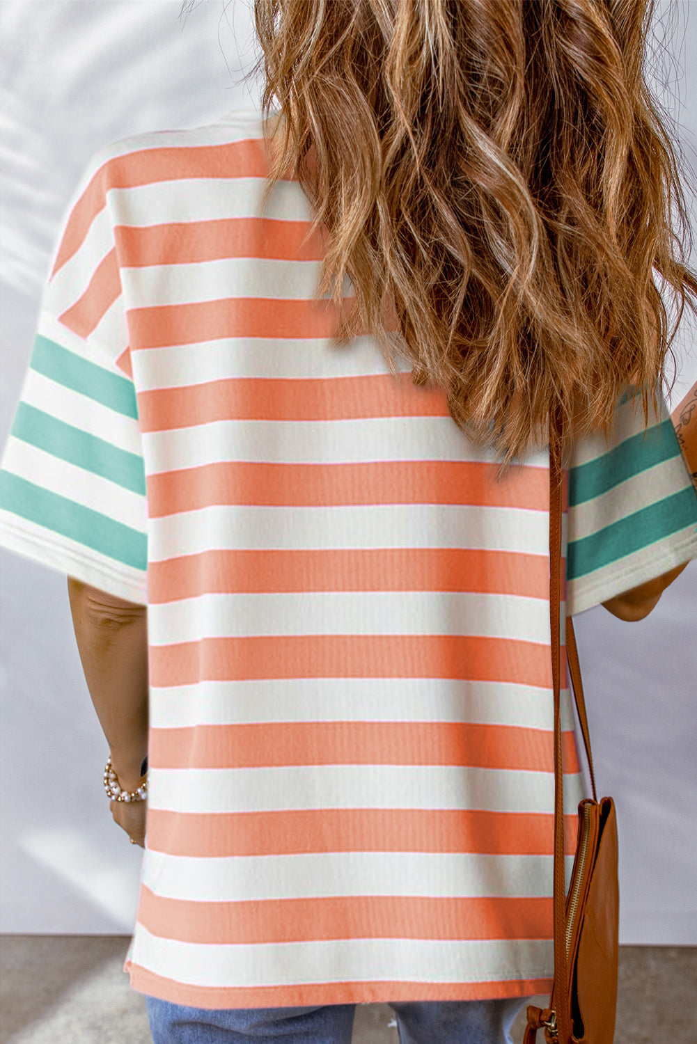 Orange Stripe Patch Pocket Drop Sleeve Slits T Shirt