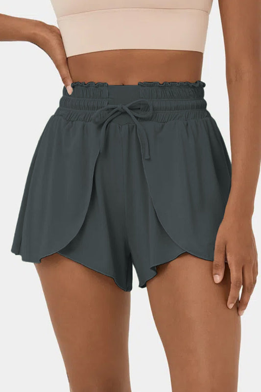 Dark Grey Frill High Waist Petal Wrap Swim Shorts