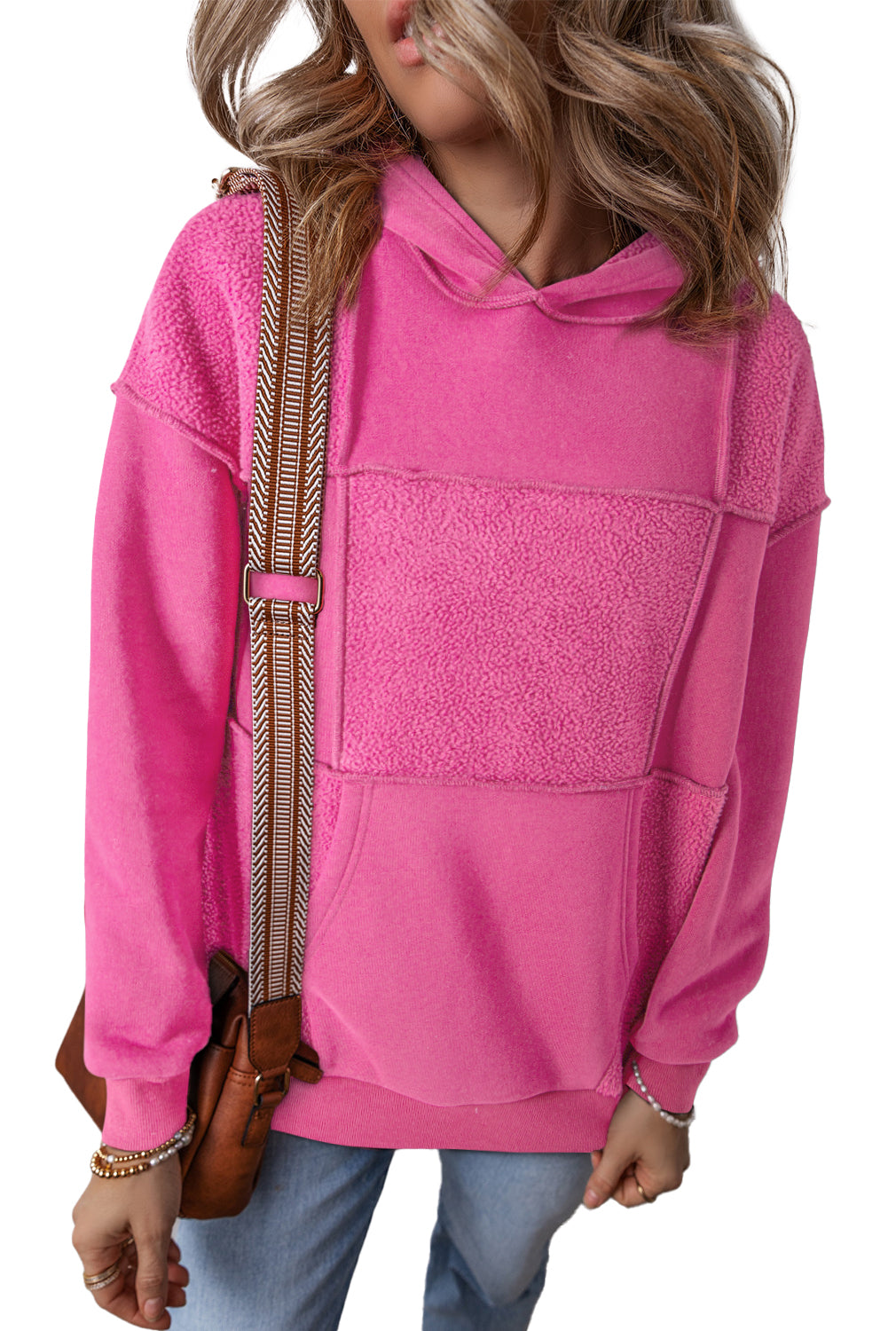 Pitaya Pink Mineral Wash Terry Patchwork Drawstring Hoodie