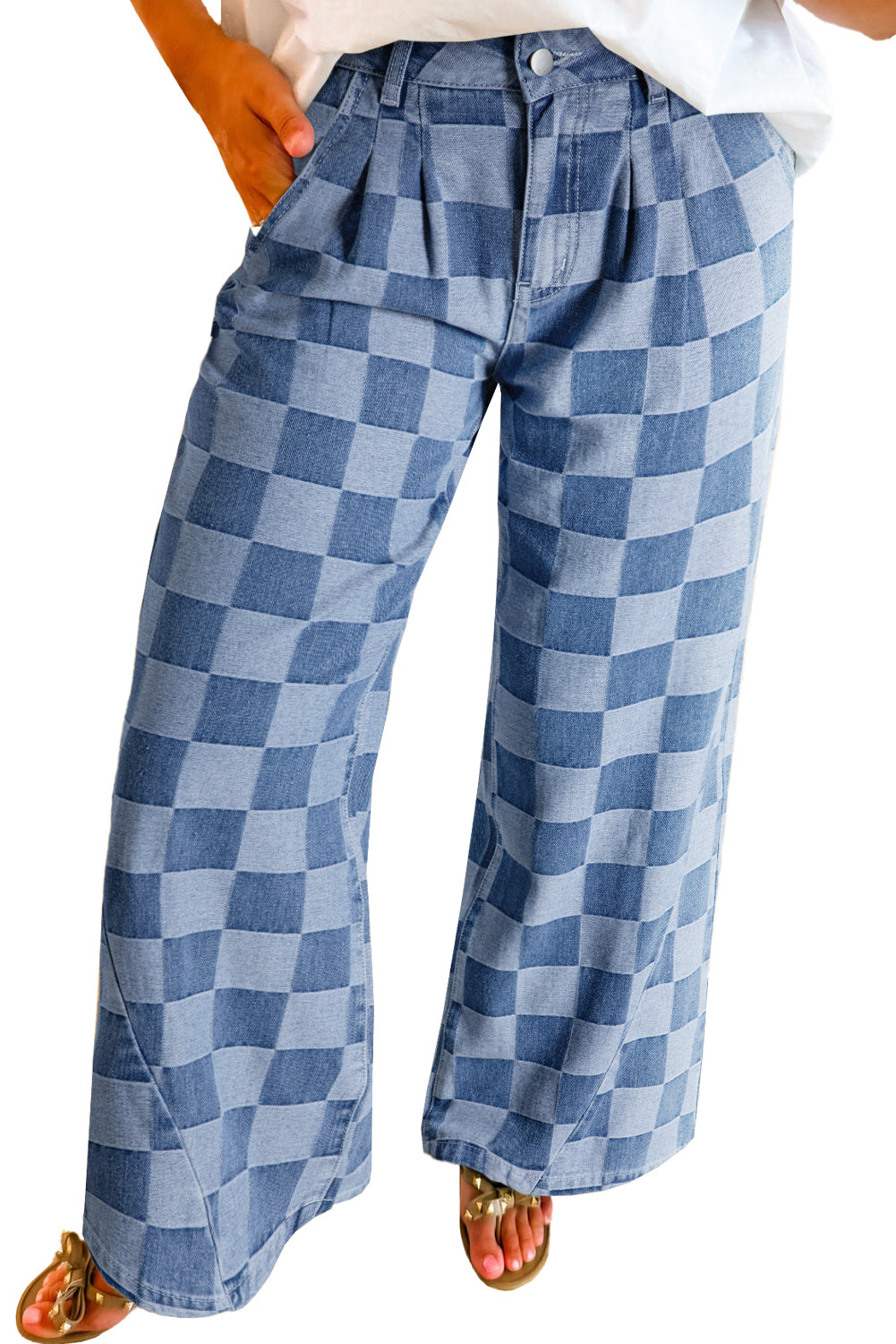 Dark Grey Checkered Light Washed Wide Leg Jeans