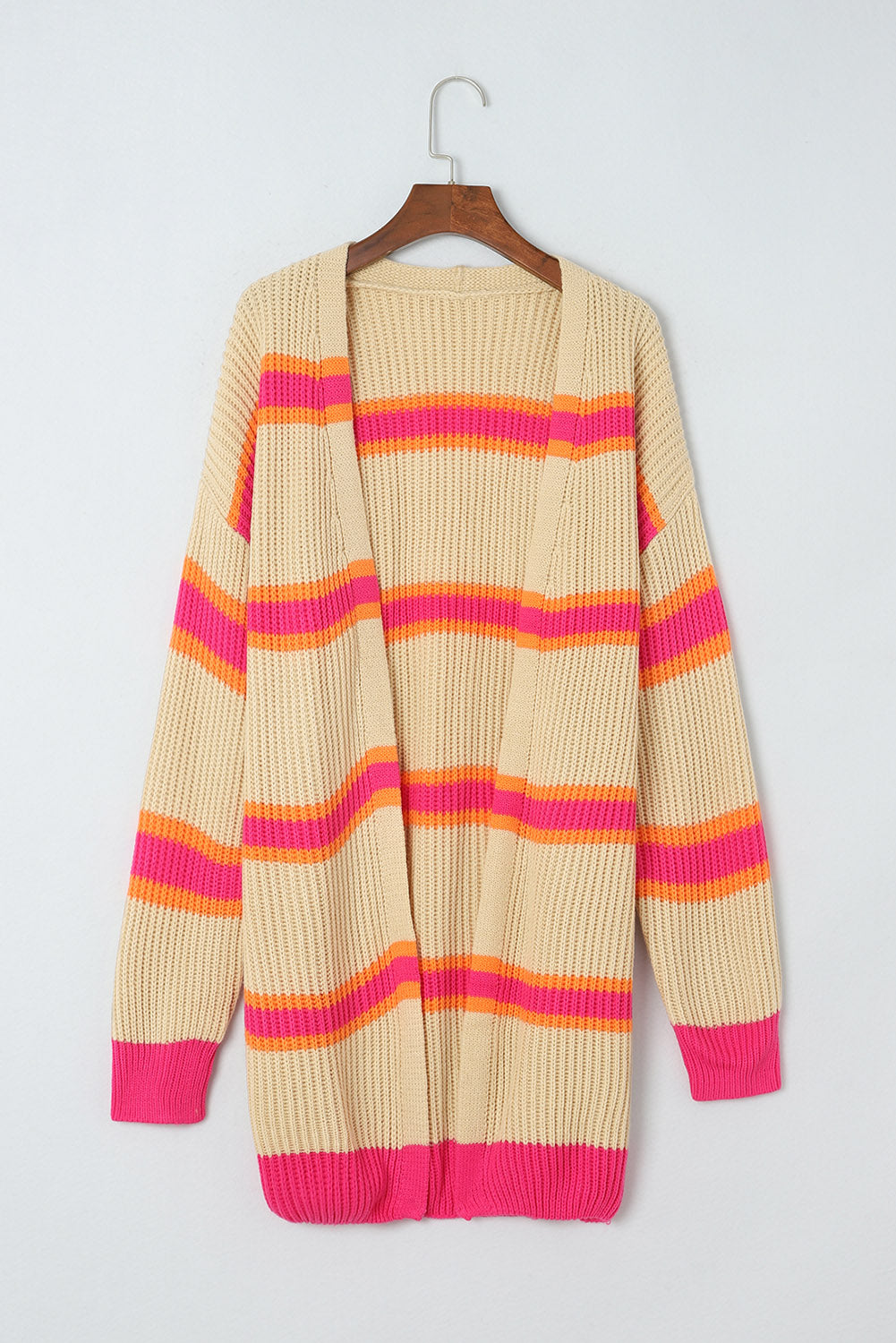 Grey Striped Colorblock Rib Knit Drop Sleeve Long Cardigan