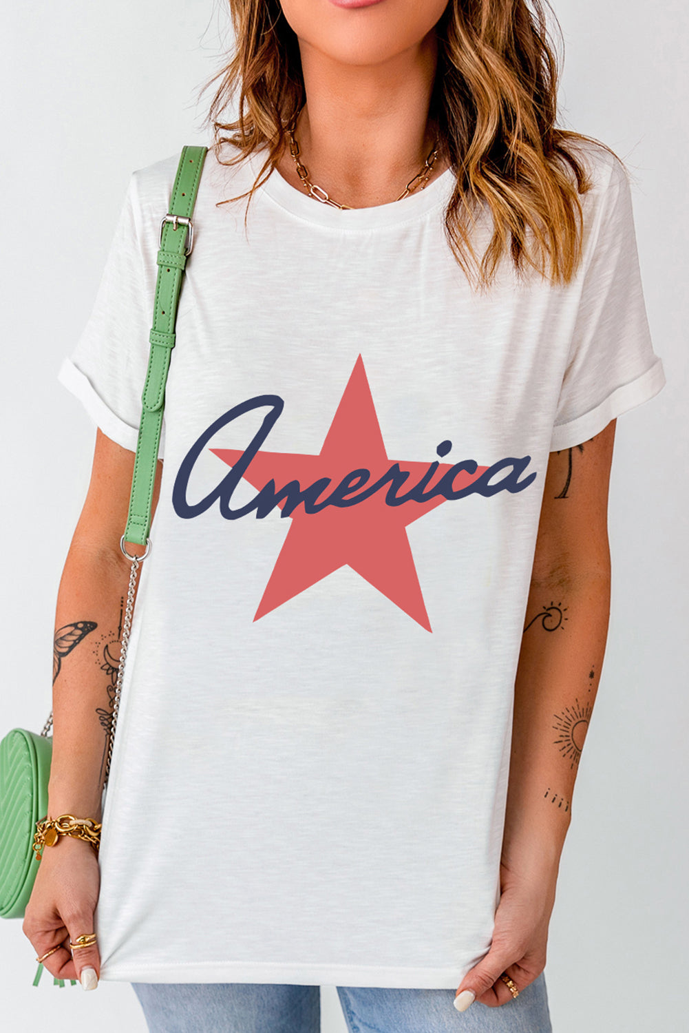 White America Star Shape Graphic O Neck Loose Fit T Shirt