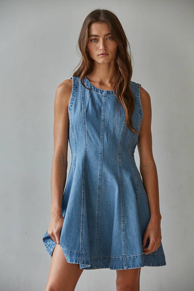 Denim Cotton Lyocell Round Neck Sleeveless Mini