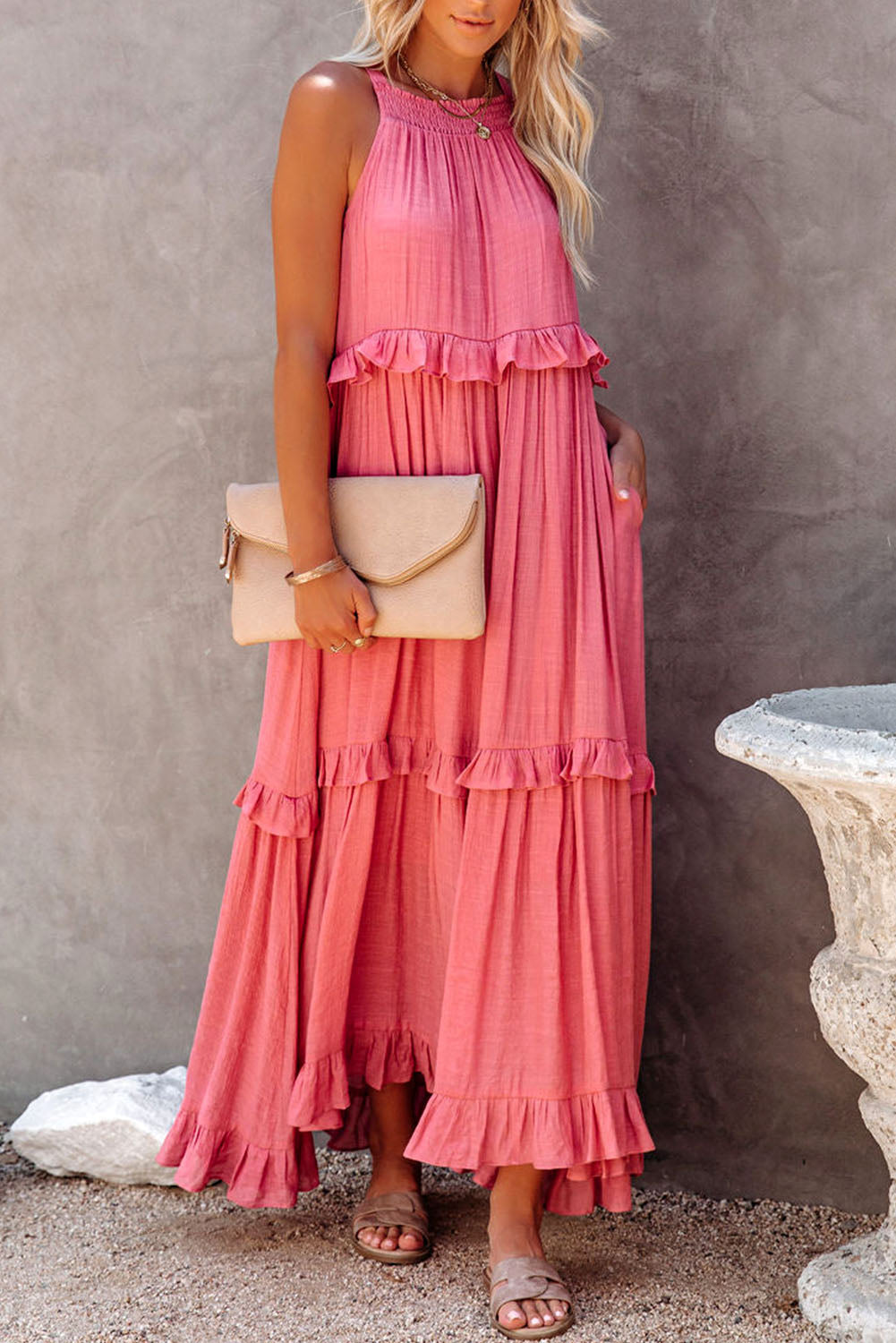 Pink Smocked Neckline Ruffle Hem Flowy Maxi Dress