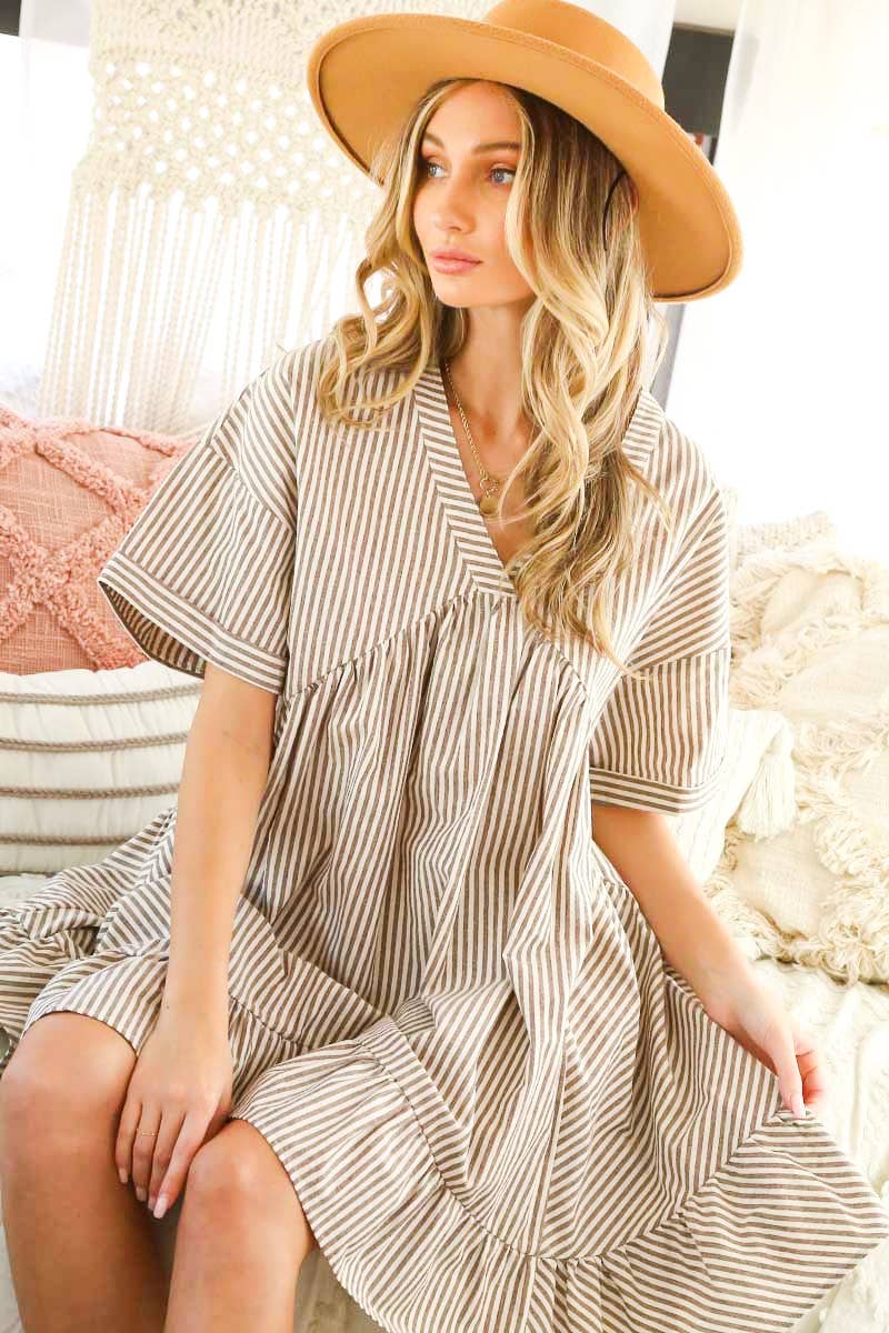 V-Neck Striped 100% Cotton Tiered Woven Dress