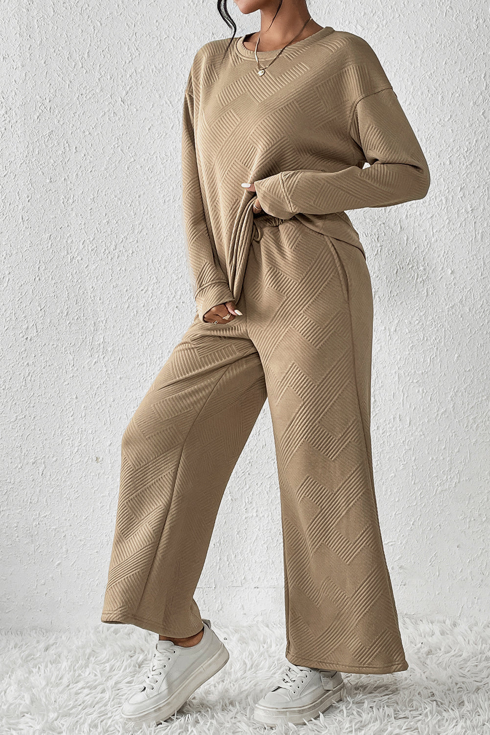 Dark Khaki Textured Loose Slouchy Long Sleeve Top and Pants Set