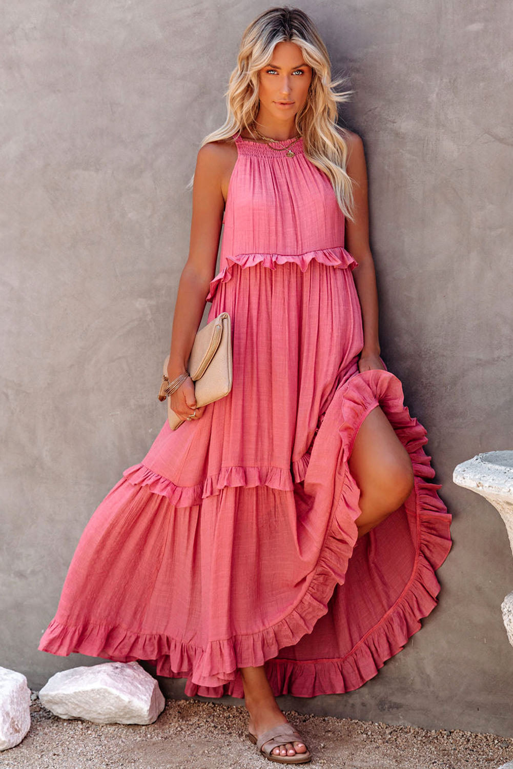 Pink Smocked Neckline Ruffle Hem Flowy Maxi Dress