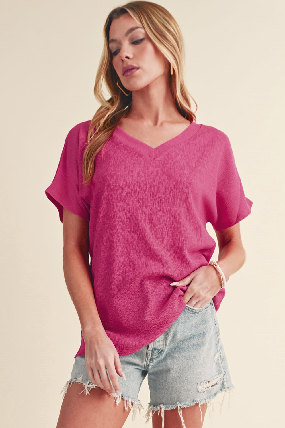 Bright Pink Basic Plain Textured V Neck Blouse