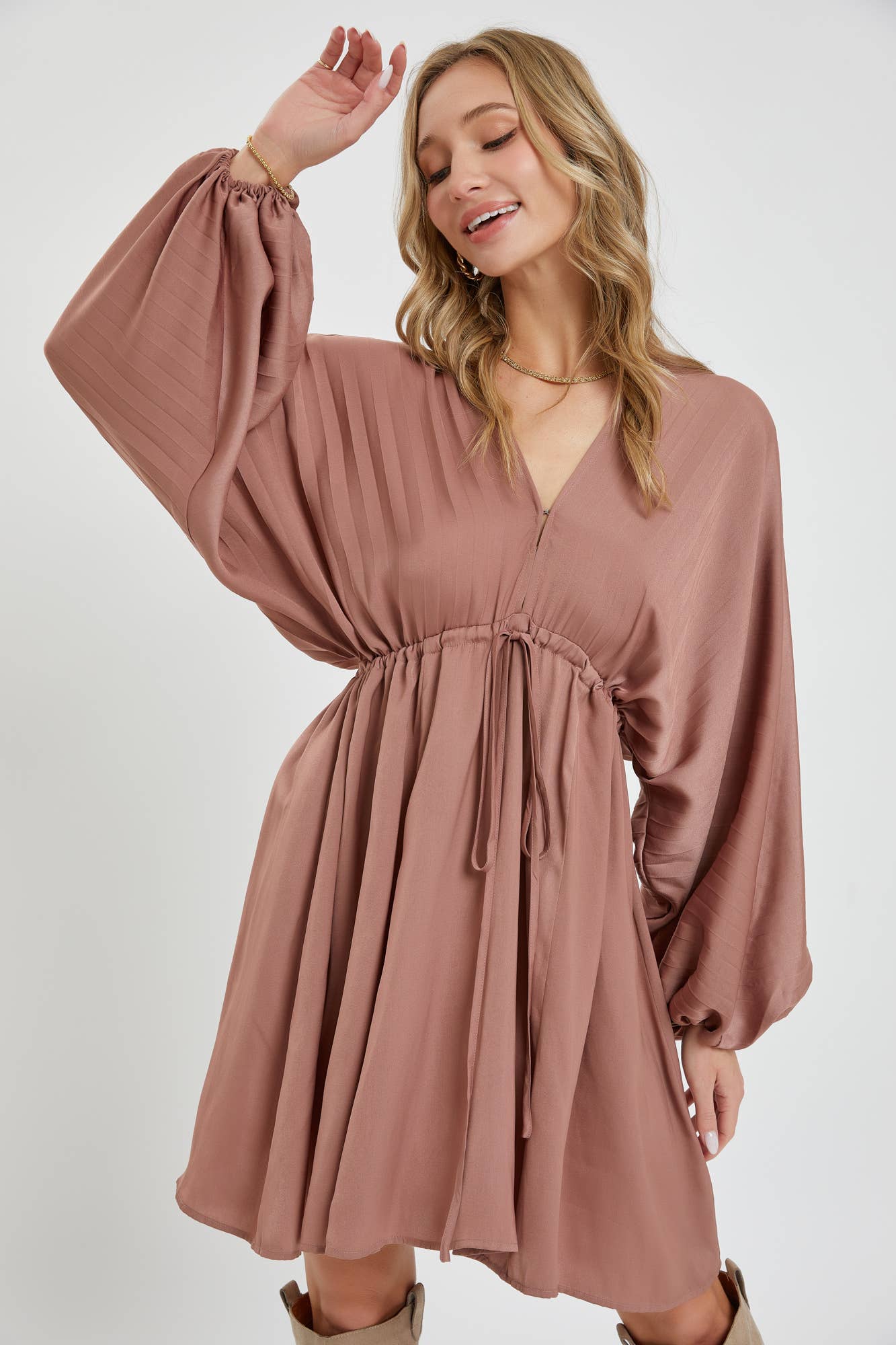 SATIN V NECK PLEATED DRESS