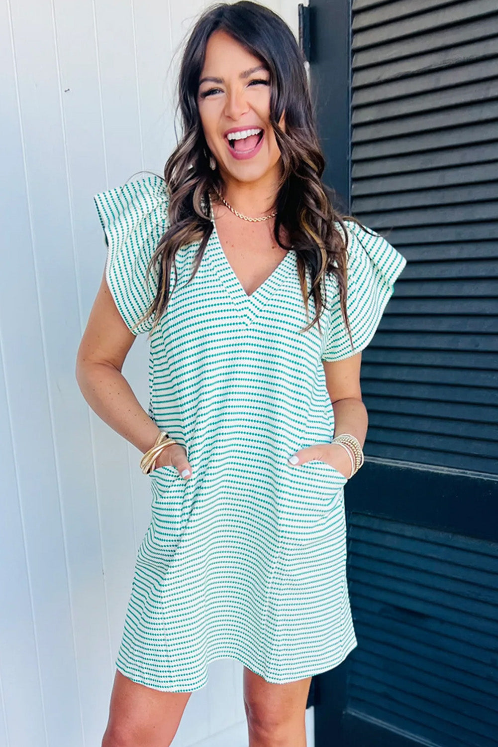 Moonlight Jade Striped V Neck Flutter Sleeve Mini Dress