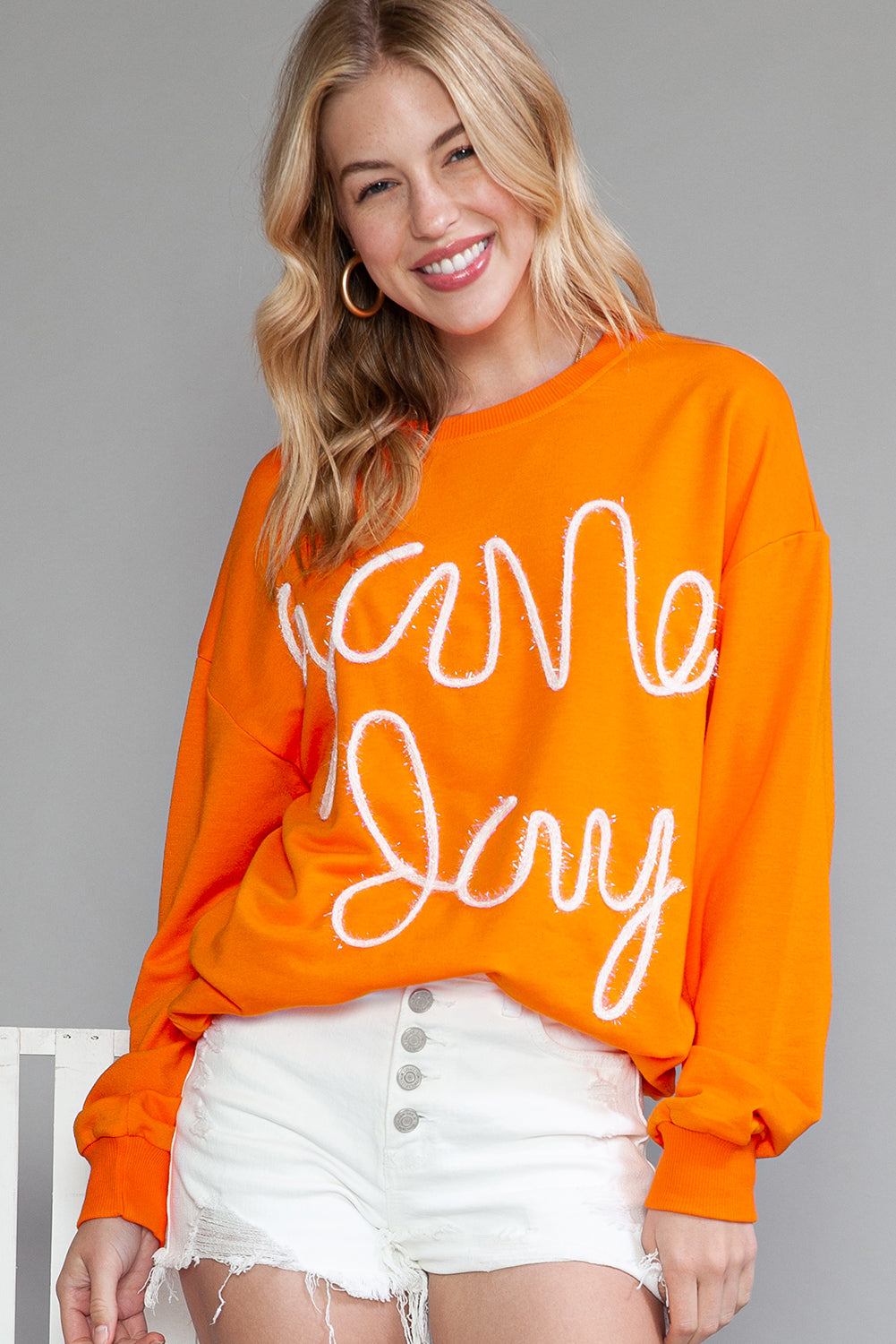 Orange Game Day Contrast Trim Long Sleeve Top