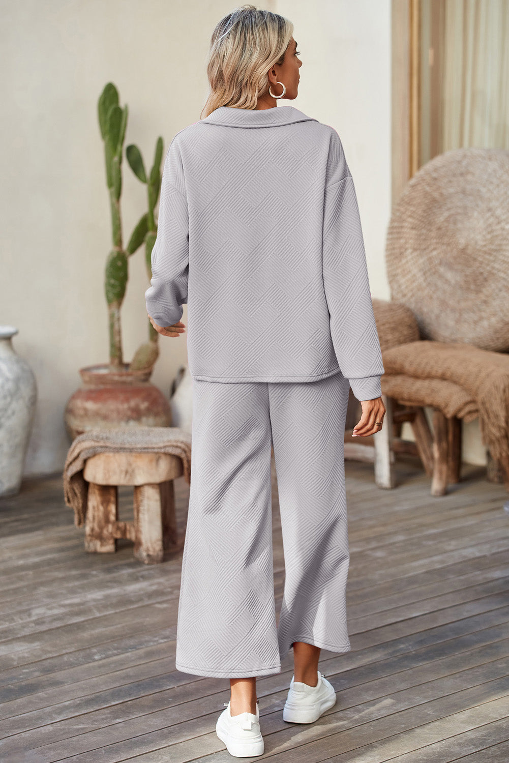 Light Grey Solid Textured Collared V Neck Top and Wide Leg Pants Set