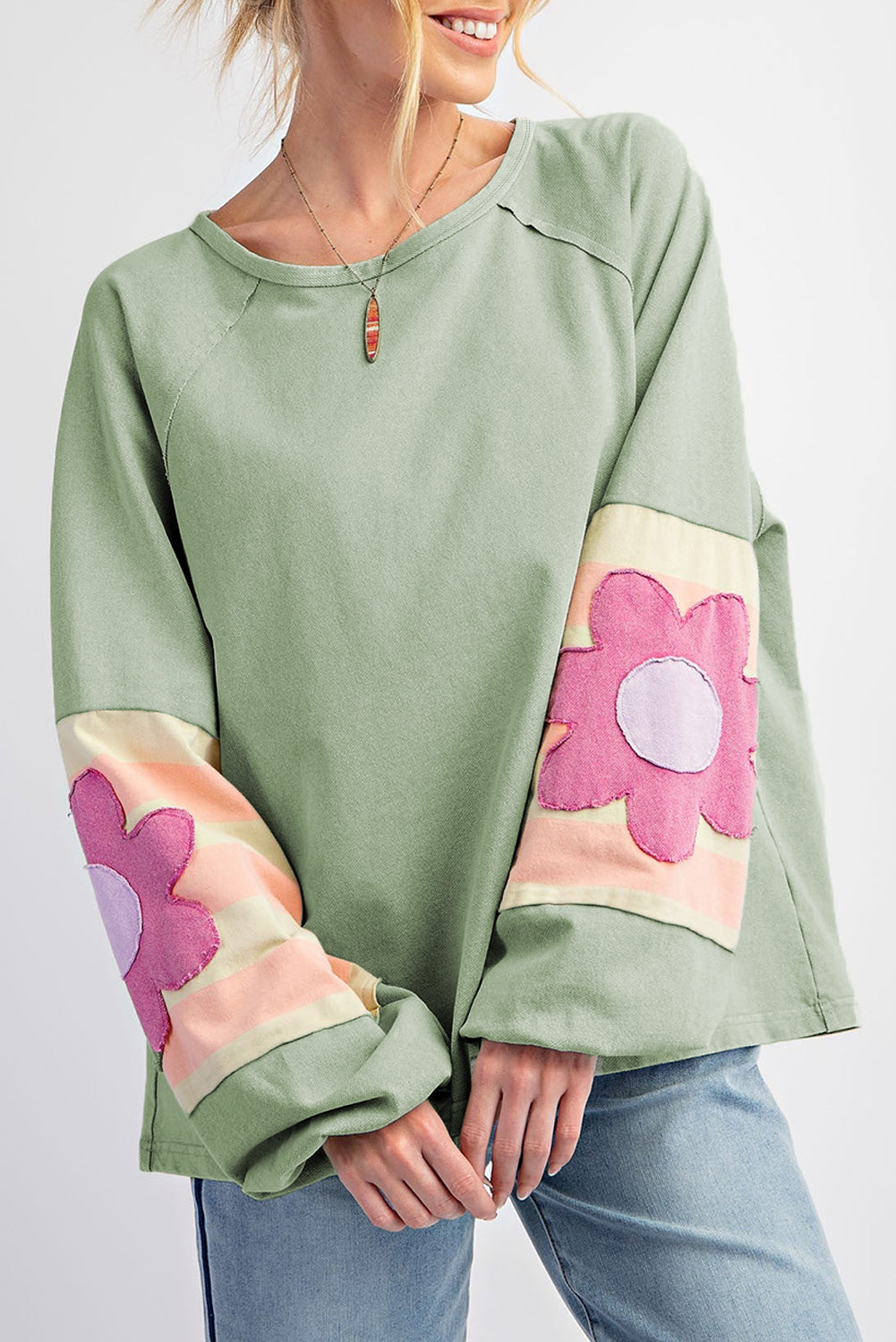 Smoke Green Flower Patchwork Exposed Seam Raglan Sleeve Top