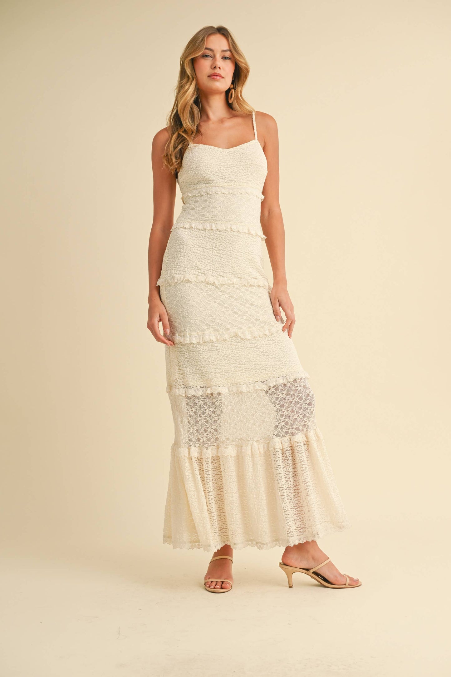 ID8566  TIERED RUFFLED LACE MAXI DRESS WITH PARTIAL LINING