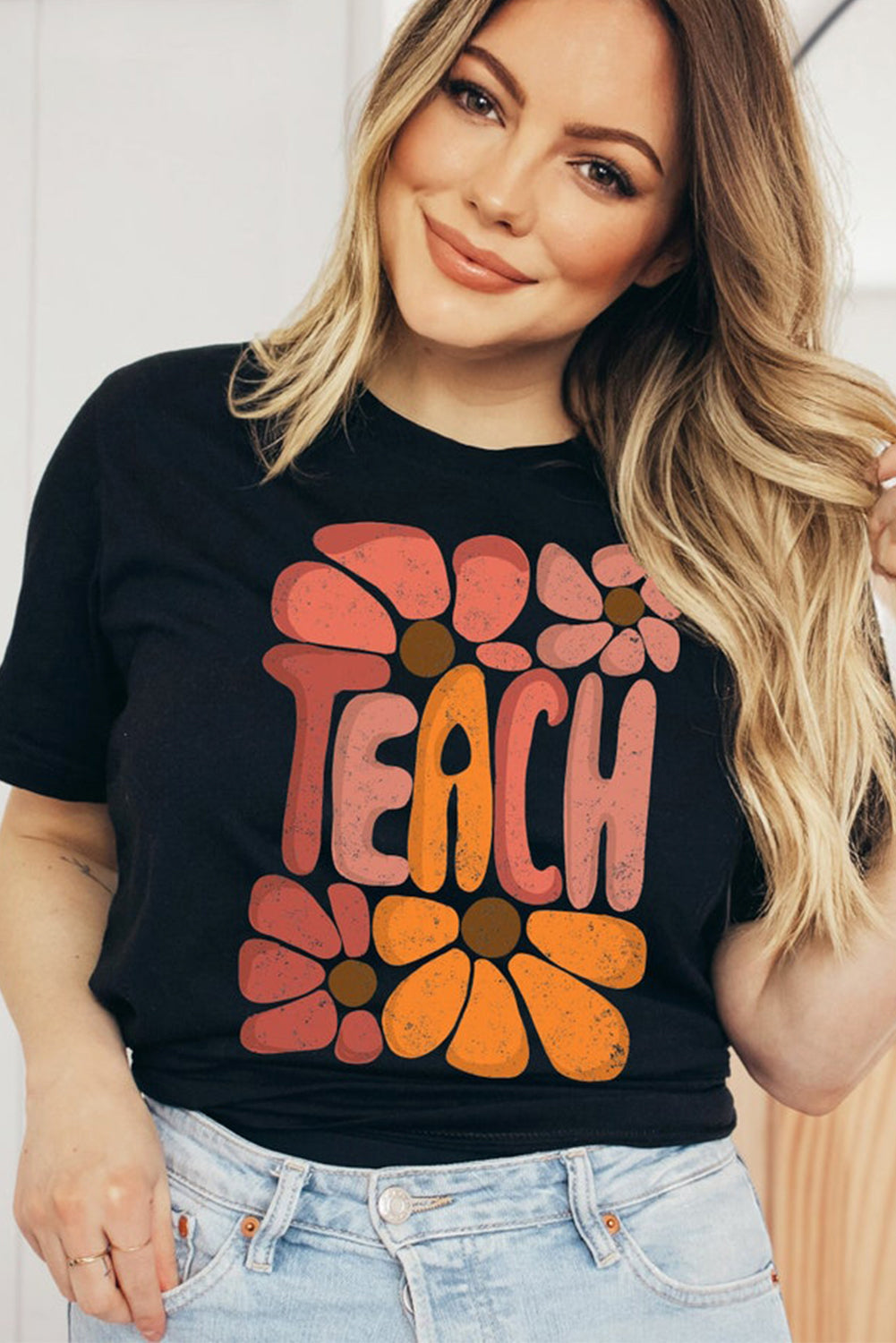 Black TEACH Crew Neck Casual T Shirt