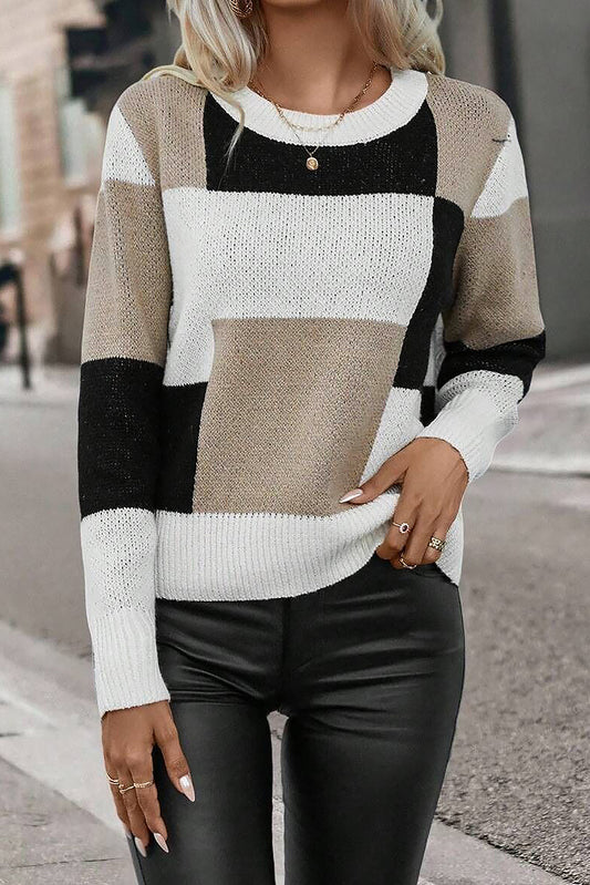 Black Checkered Colorblock Round Neck Knit Sweater