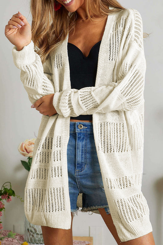 White Solid Color Open Front Knit Tunic Cardigan