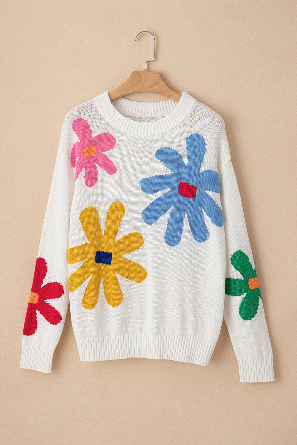 White Colorful Flower Pattern Crewneck Knitted Sweater