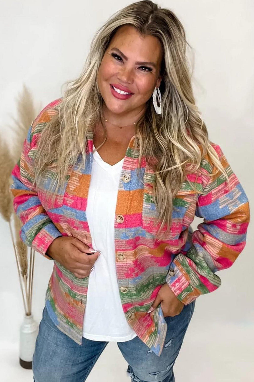 Pink Geometric Print Flap Pocket Plus Size Shacket