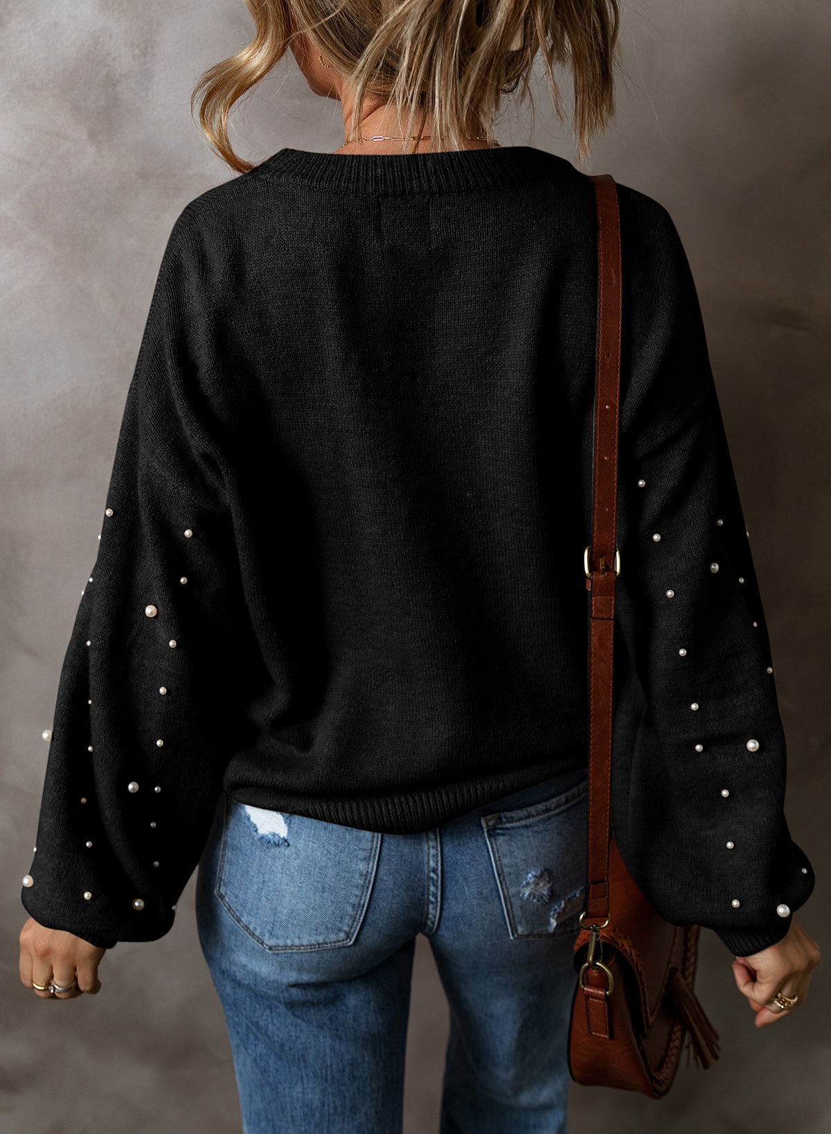 Black Pearl Drop Shoulder Round Neck Sweater