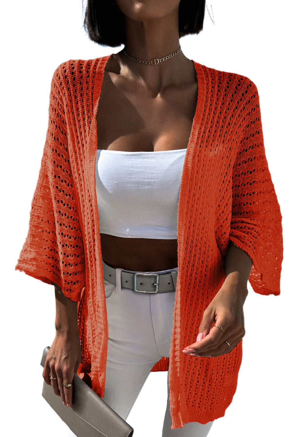 Khaki Hollow-out Bracelet Sleeve Knit Cardigan